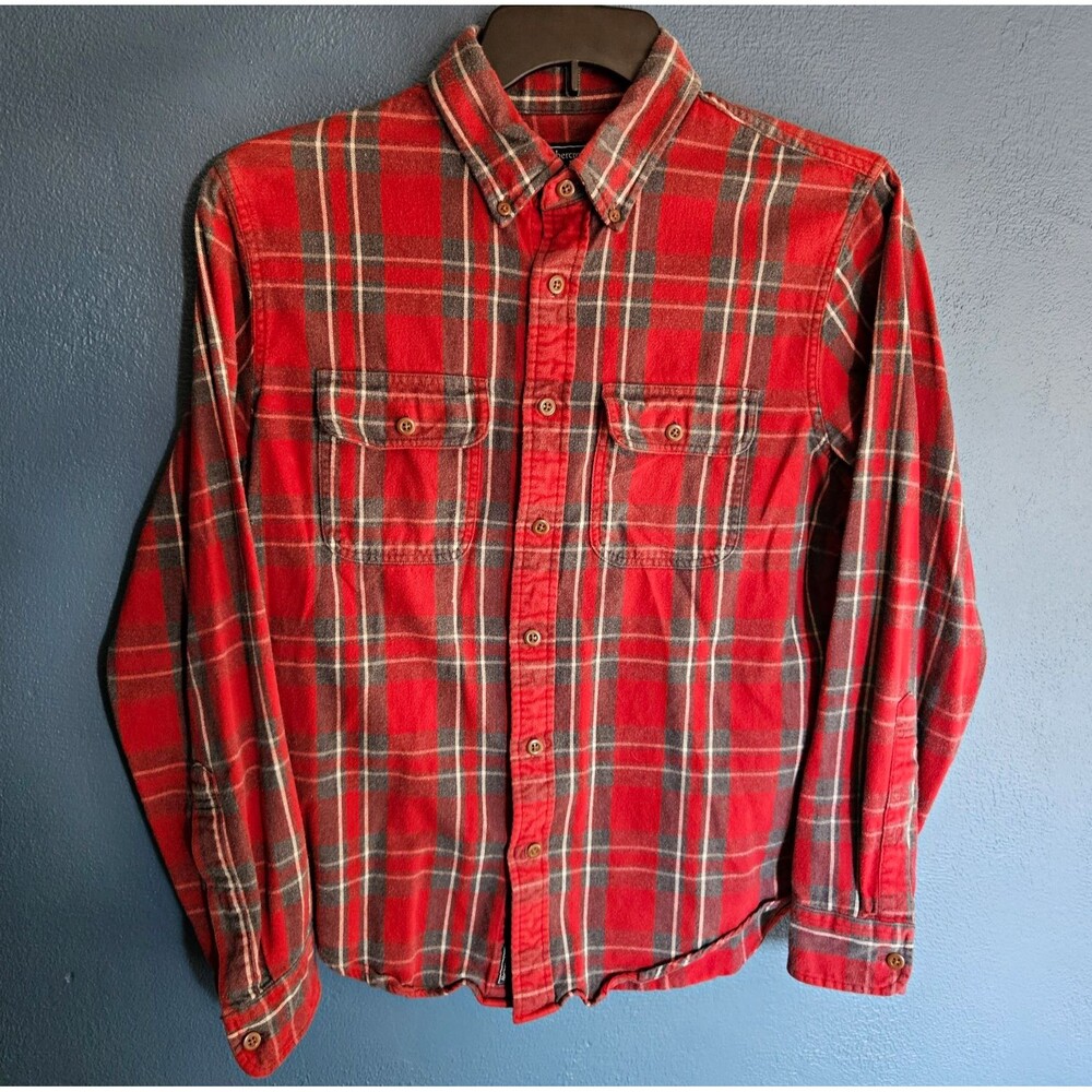 Abercrombie & Fitch Flannel Shirt Mens Medium Red Grey Plaid Button Down Pocket